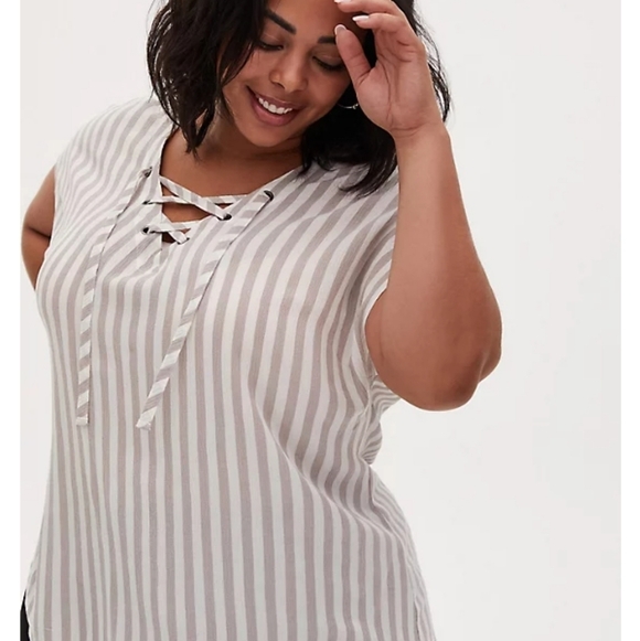 NWT Taupe Stripe Gauze Lace-up Dolman Blouse Size 1/14-16 - Picture 1 of 6